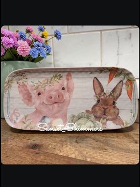 Baby Pig & Bunny Rabbit Farmhouse Indoor Outdoor Melamine Serving Platter New